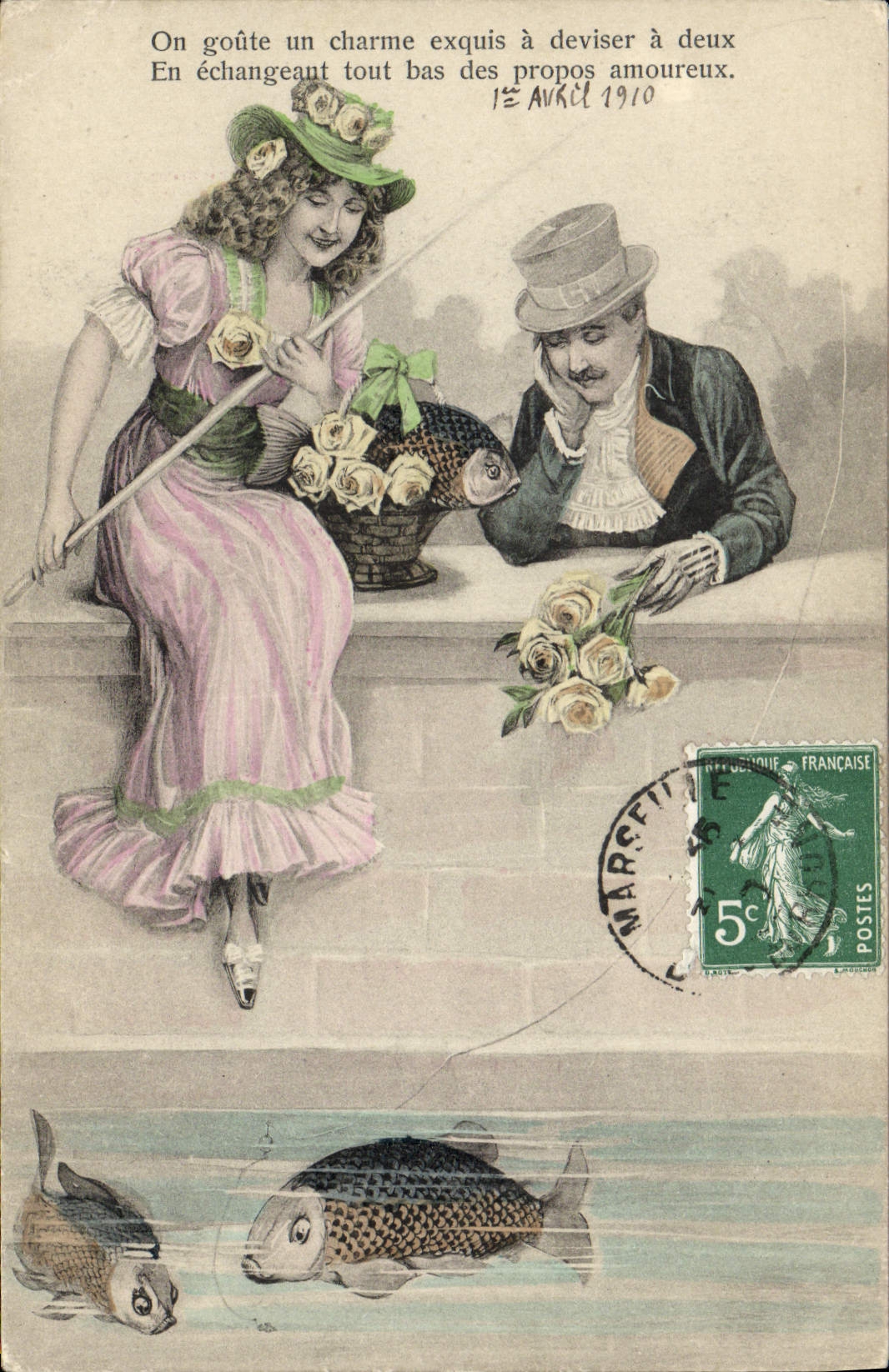 Vintage Postcard Fantaisie Illustrator Woman Fishes Sinning Poisson