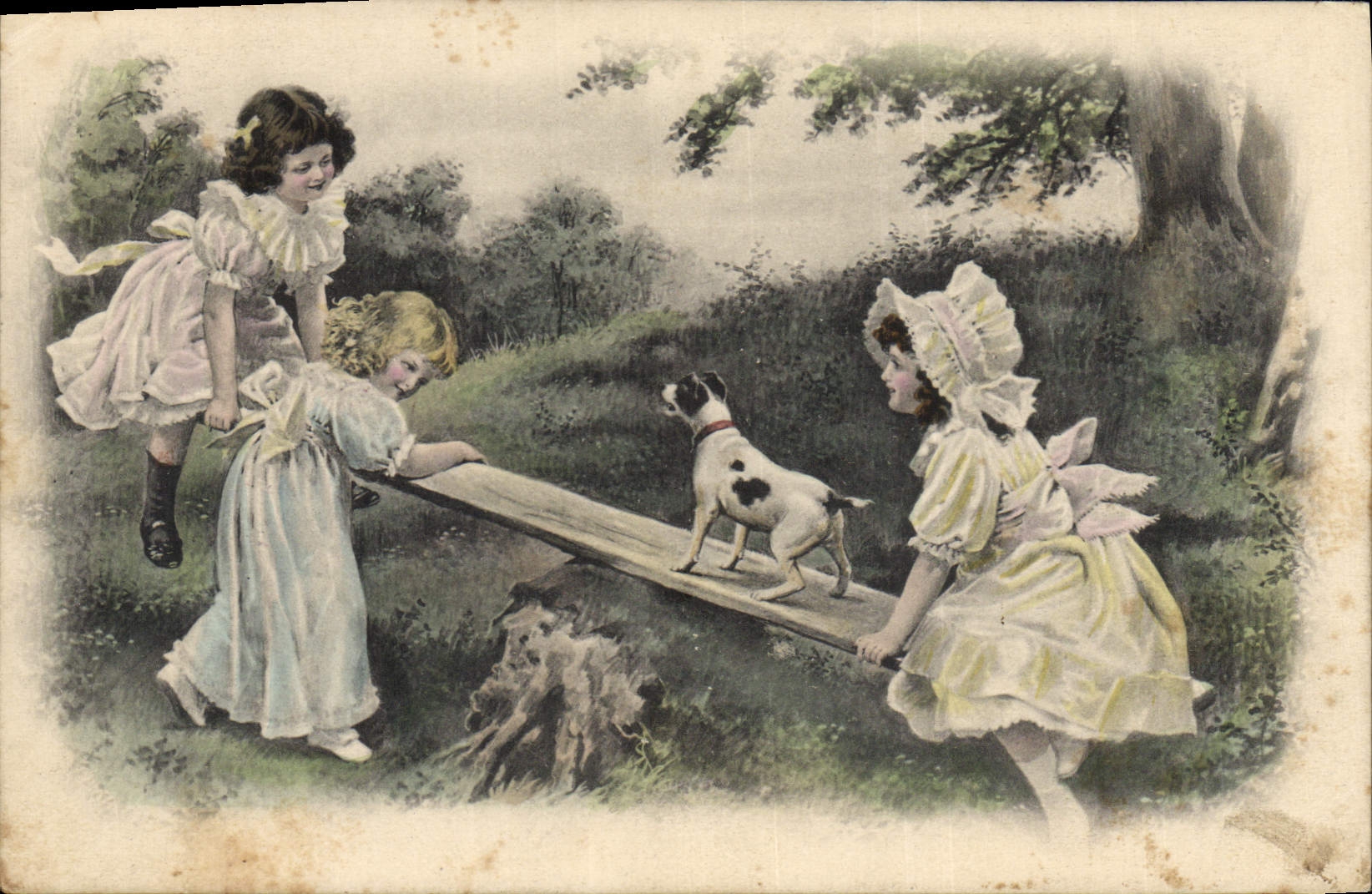 Vintage Postcard Fantasy Illustrator Children Swing Dog