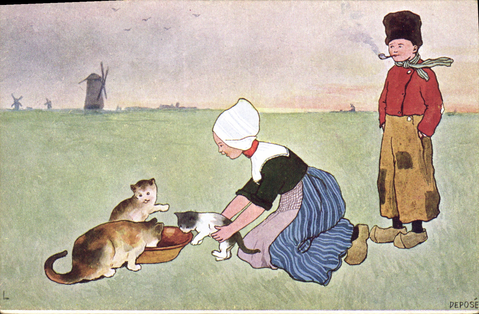 Vintage Postcard Fantaisie Illustrator Children Holland Windmill Chat Cats Kitten