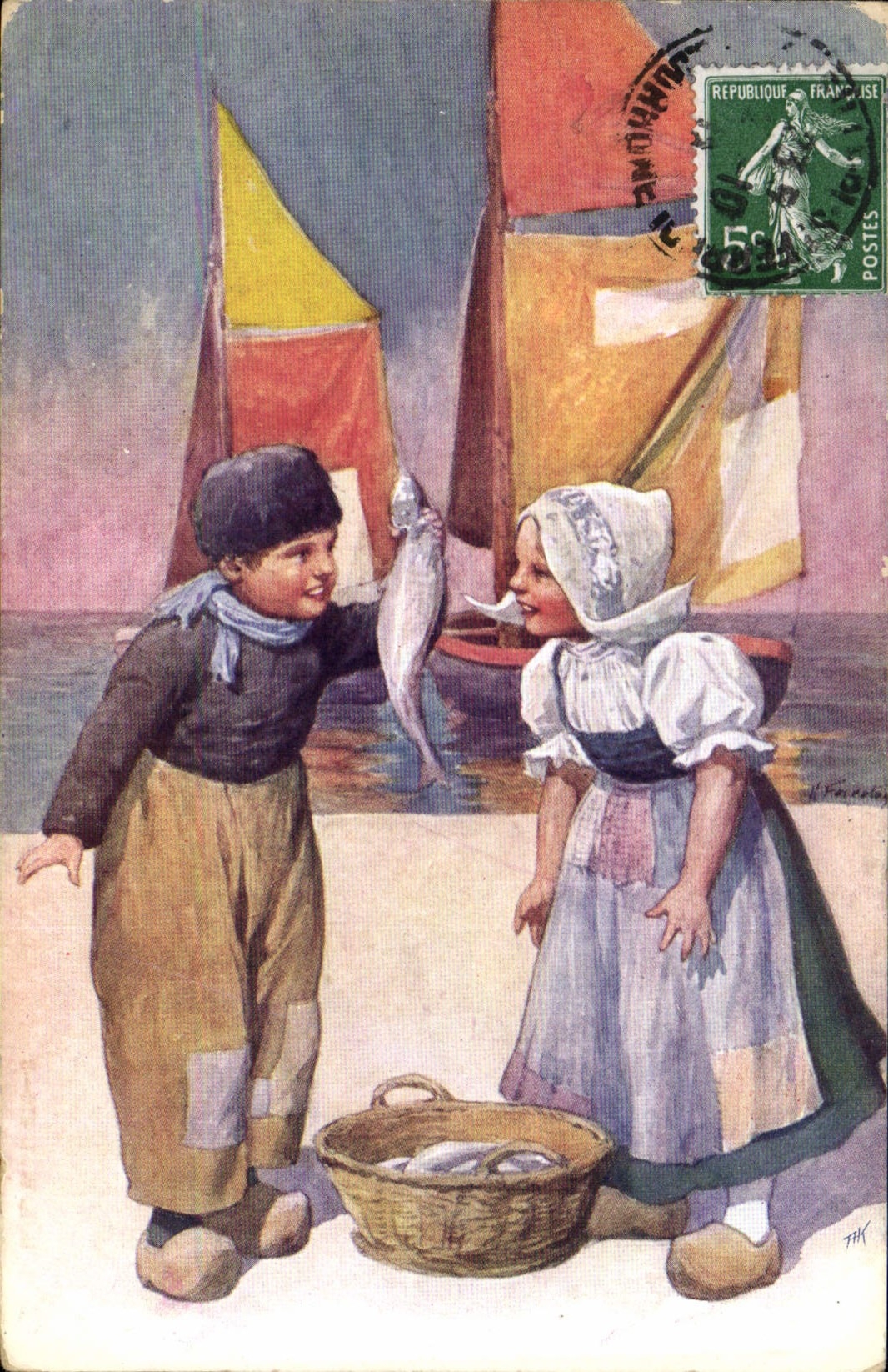 Vintage Postcard Fantasy Illustrator Children Holland Boat