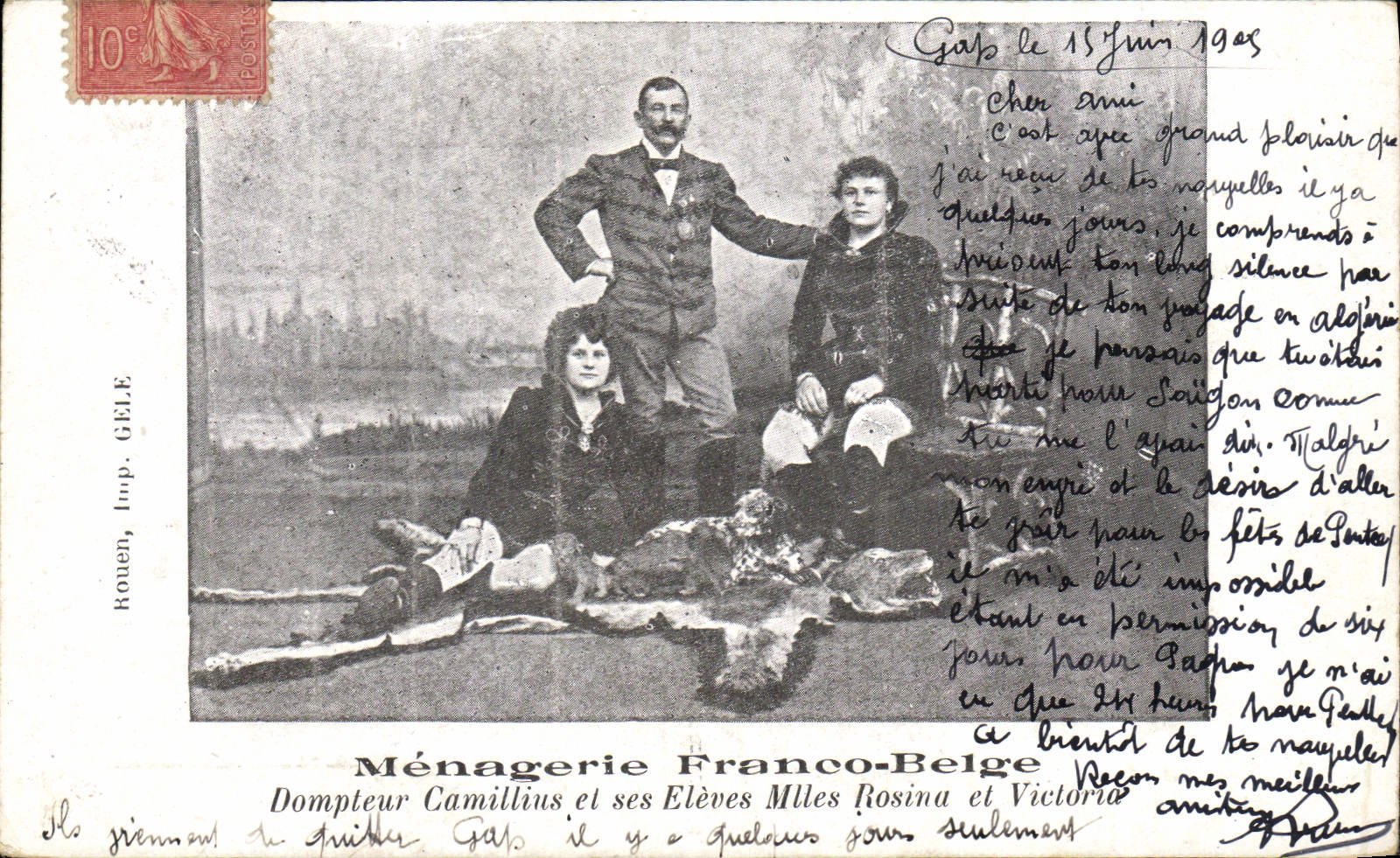 CPA Lion Menagerie Franco Belge Dompteur Camillius et ses eleves Mlles Rosina et Victoria TOP
