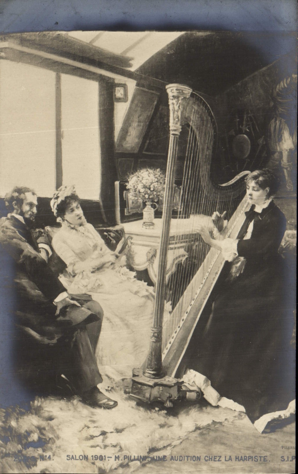 Postal Salón 1901 de Pillini Audiencia en un harpiste Arpa