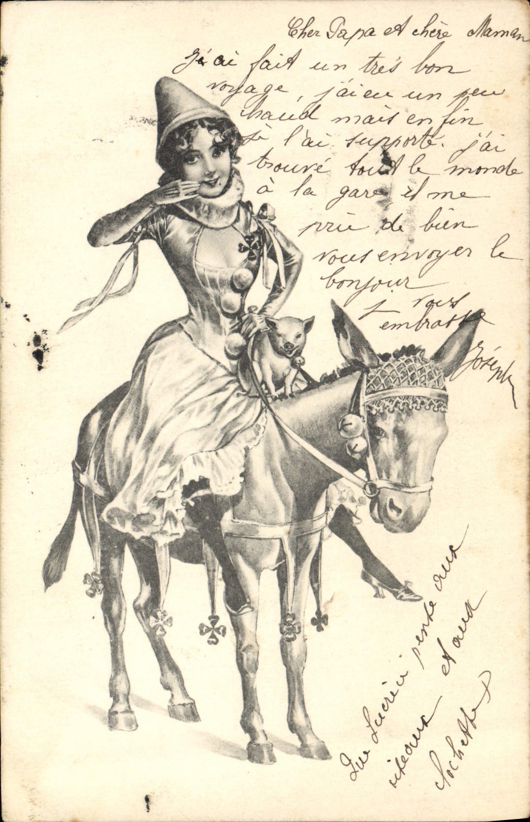CPA Cochon Porc Femme Ane mule 