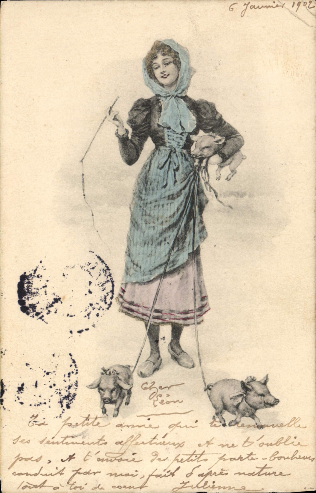 CPA Cochon Porc Femme