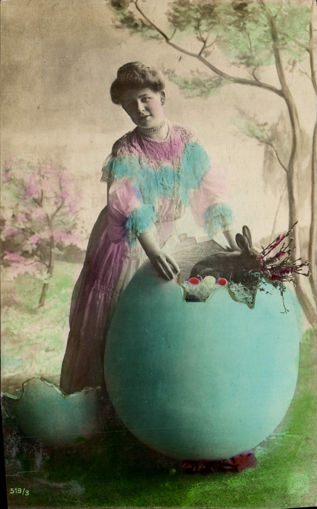 Vintage Postcard Rabbit Rabbits Woman Egg