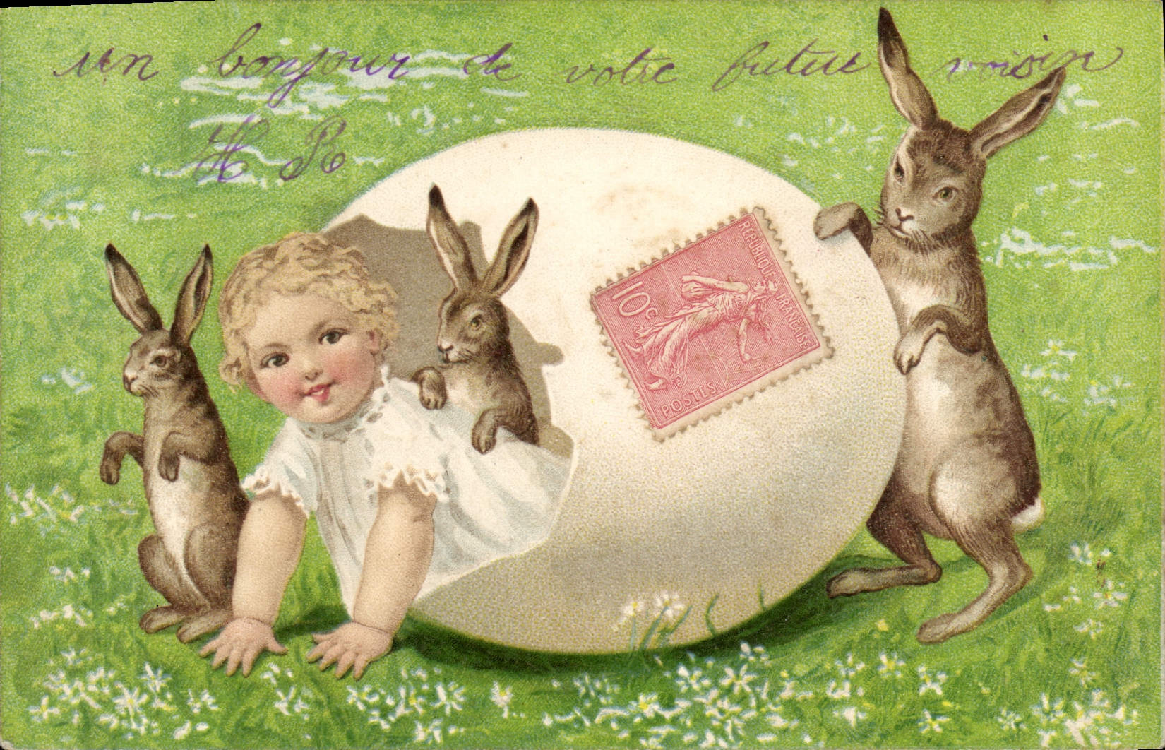 CPA Lapin Lapins Enfant Oeuf