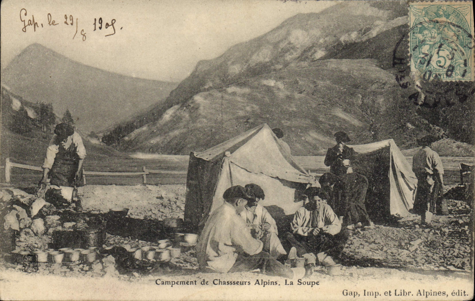 Vintage Postcard Militaria Camping of Alpine hunters soup