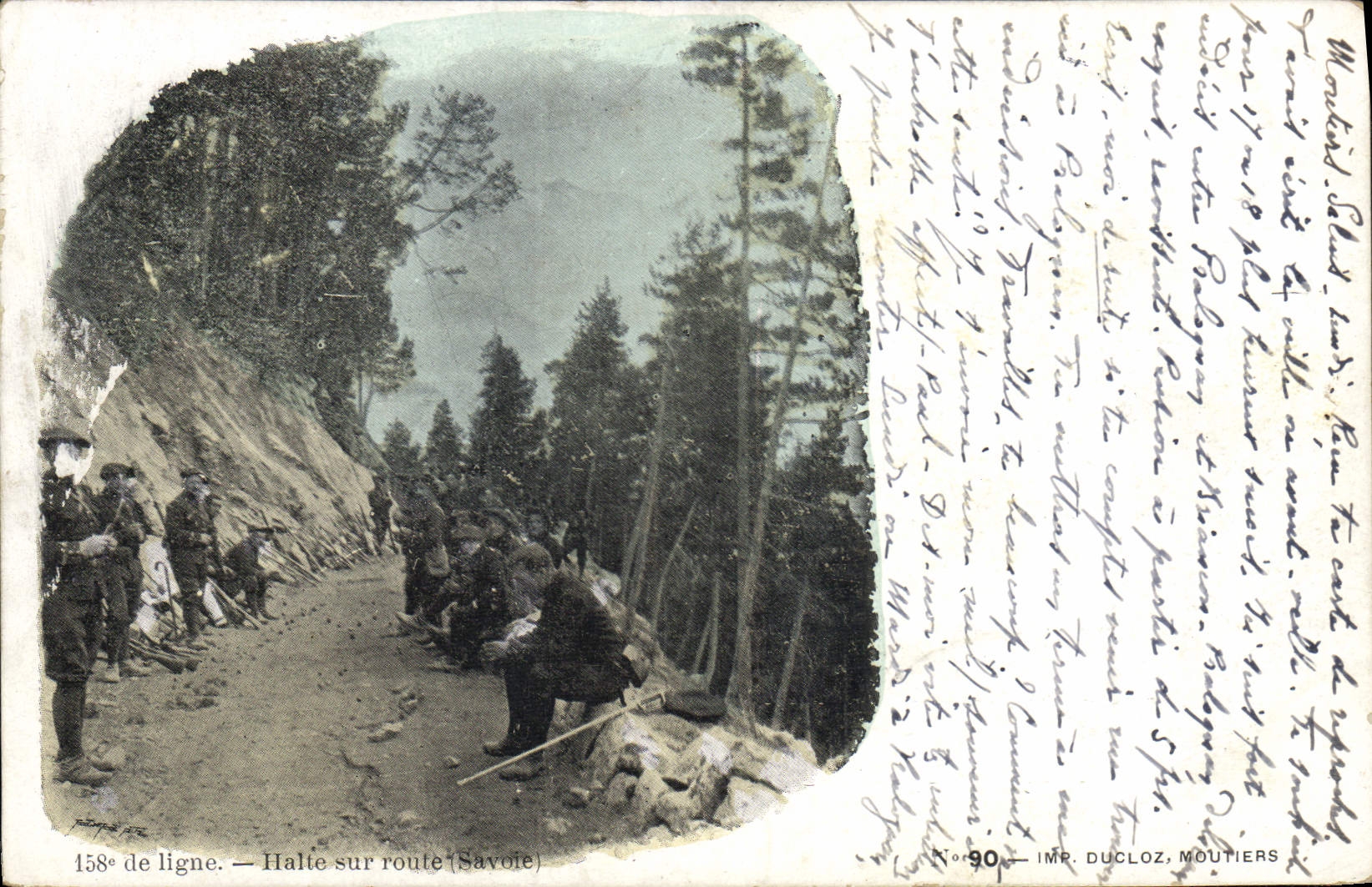 Vintage Postcard Militaria Alpine hunters 158eme of line Halt on Savoy road