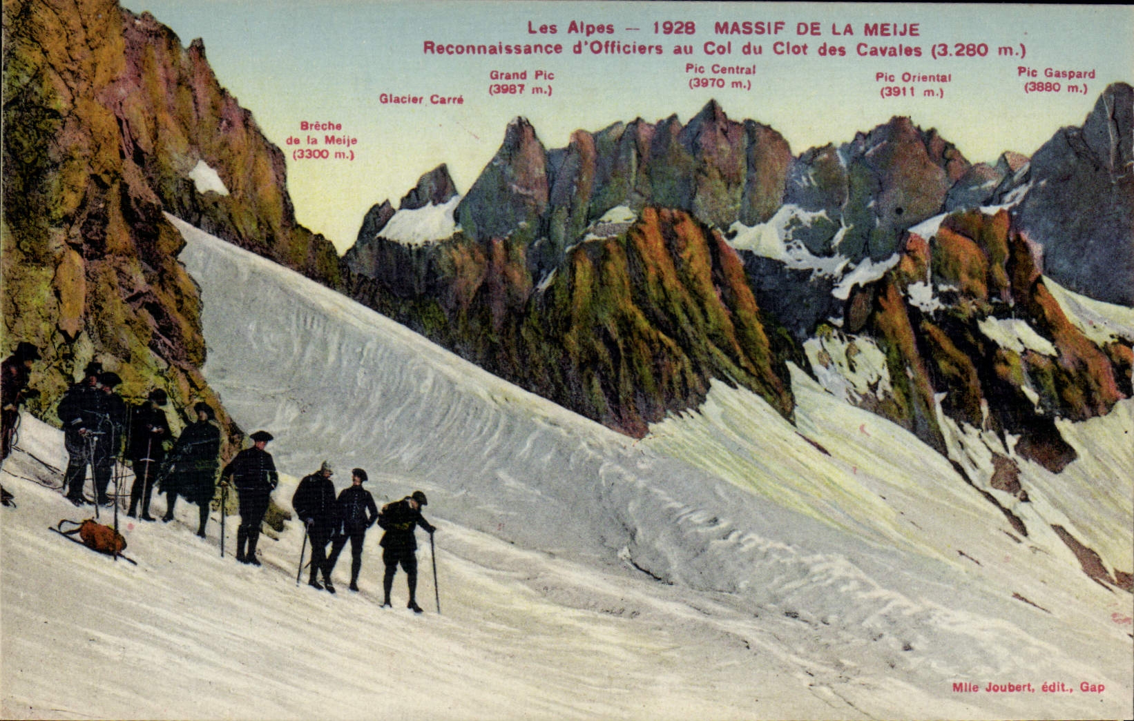 Vintage Postcard Militaria Alpine hunters Solid mass of Meije Reconnaissance of officers to the Collar of closes Mares