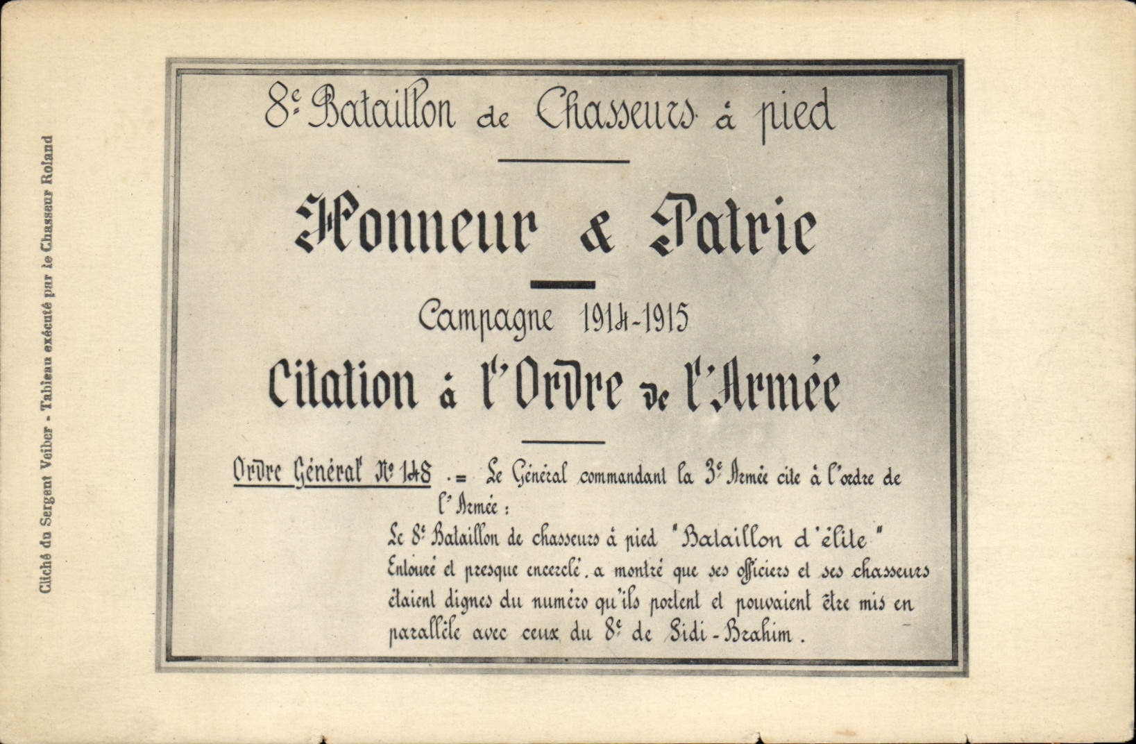 CPA Militaria 8eme bataillon de chasseurs a pied Honneur & Patrie Citation a l'ordre de l'armee