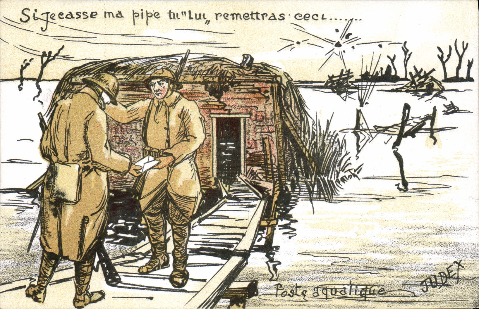 Watery Vintage Postcard Militaria Poste If I break my pipe