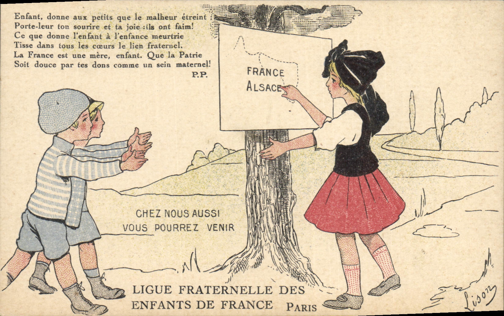 Vintage Postcard Militaria Leagues fraternal Children of France Paris Alsace