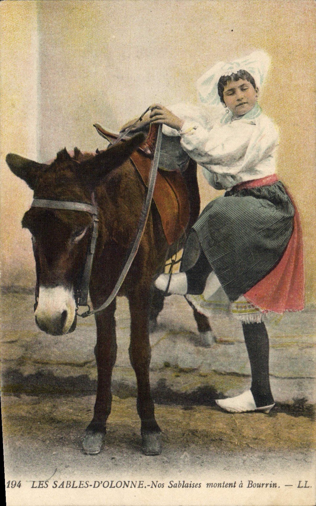 Vintage Postcards Folklore Sands of Olonne Our Sablaises go up has nag Cheval Mule Donkey