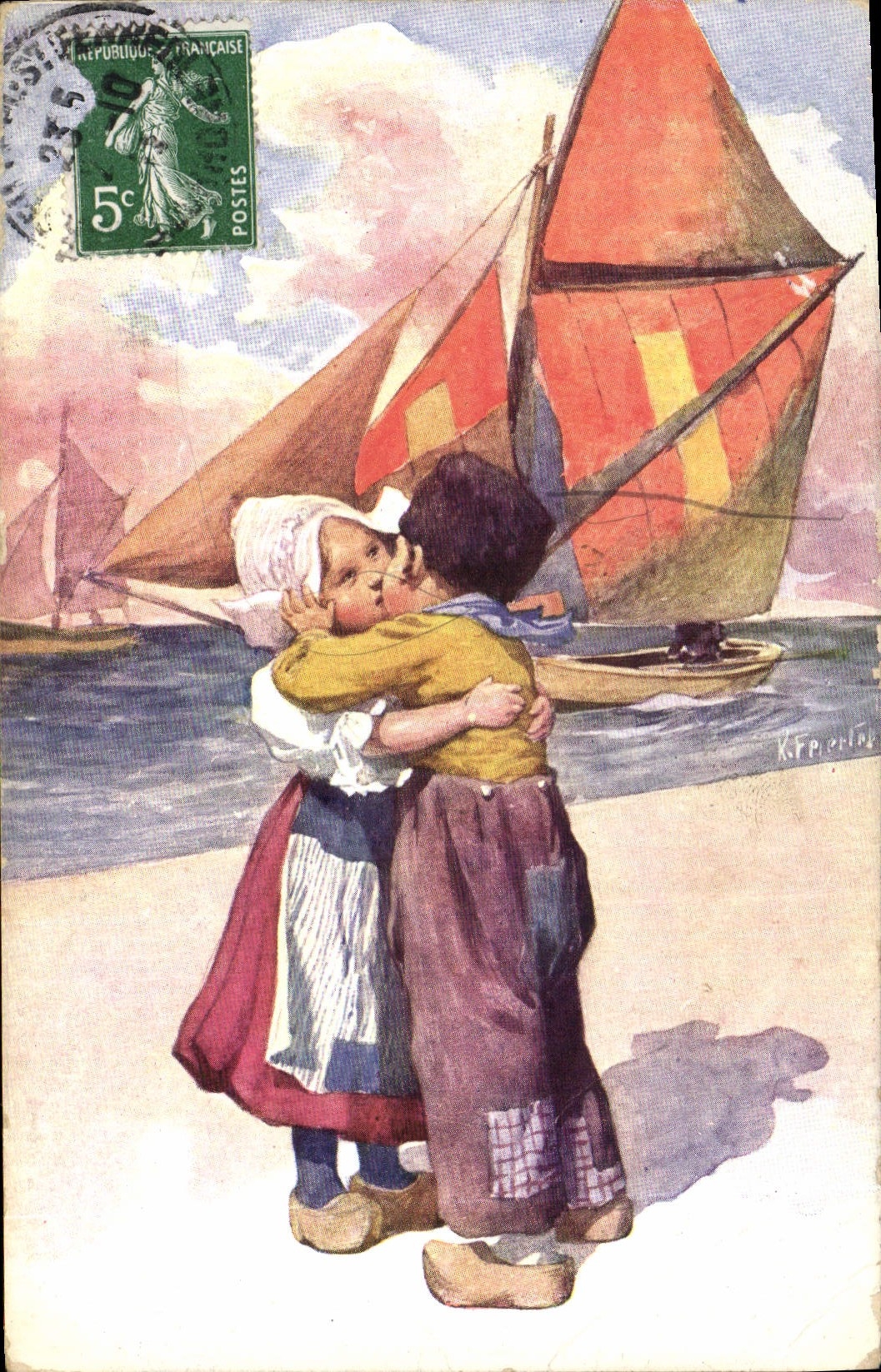 Postal Fantasia Ilustrador Niños Barcos