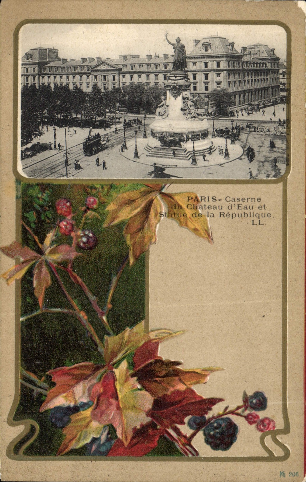 Postal Fantasia Ilustrador París Cuartel del Castillo de Agua y Estatua de la República