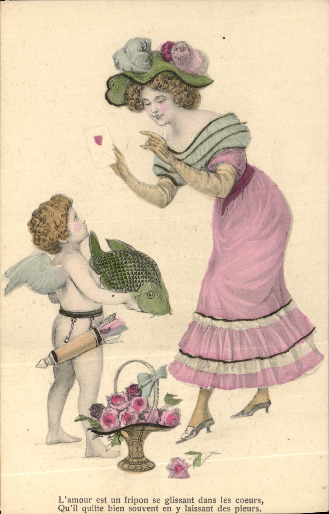 Postal Fantasia Ilustrador Mujer Ángel Pescado el amor es un bribón