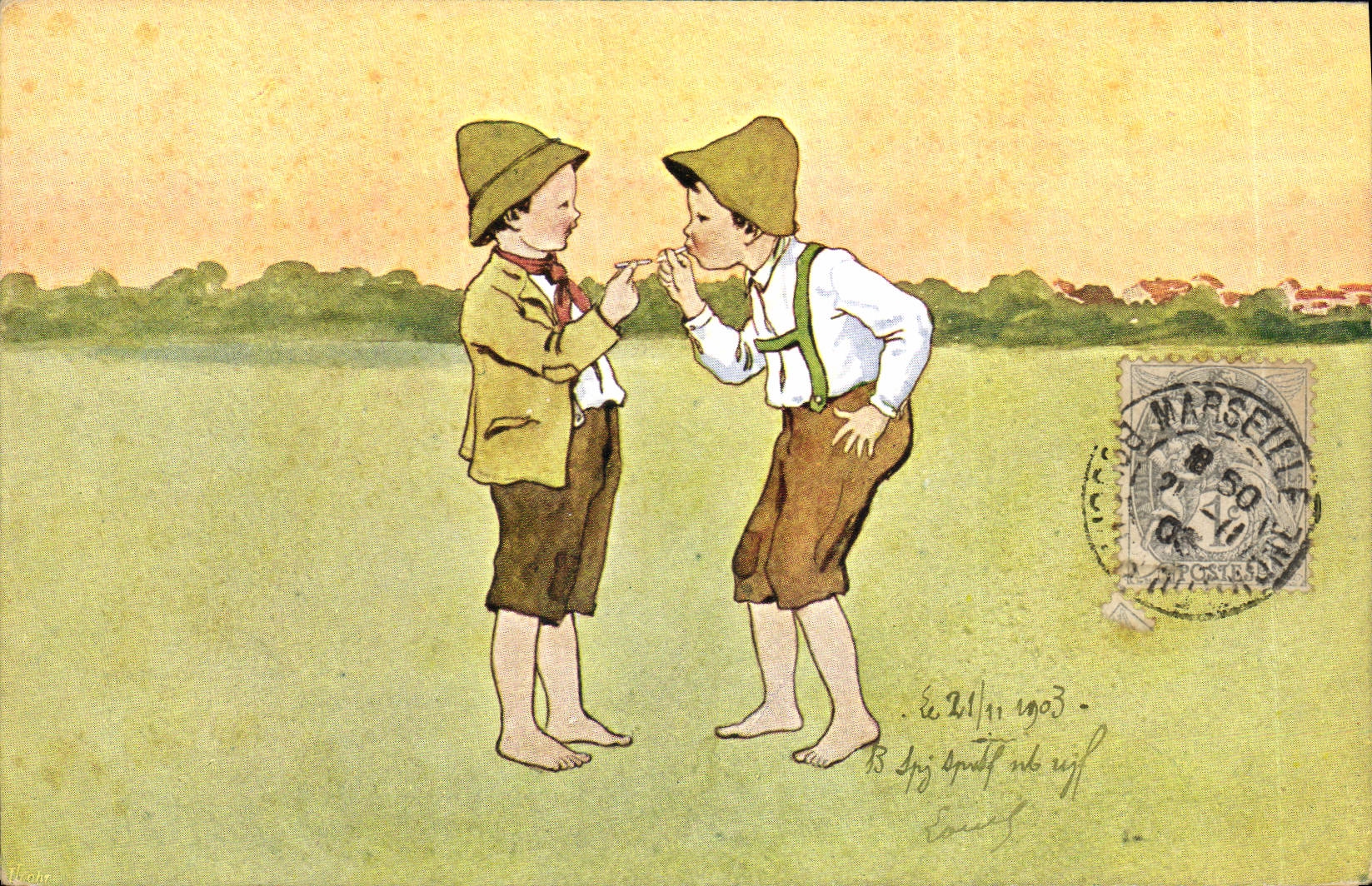 Postal Fantasia Ilustrador Niños Cigarrillo Tabaco