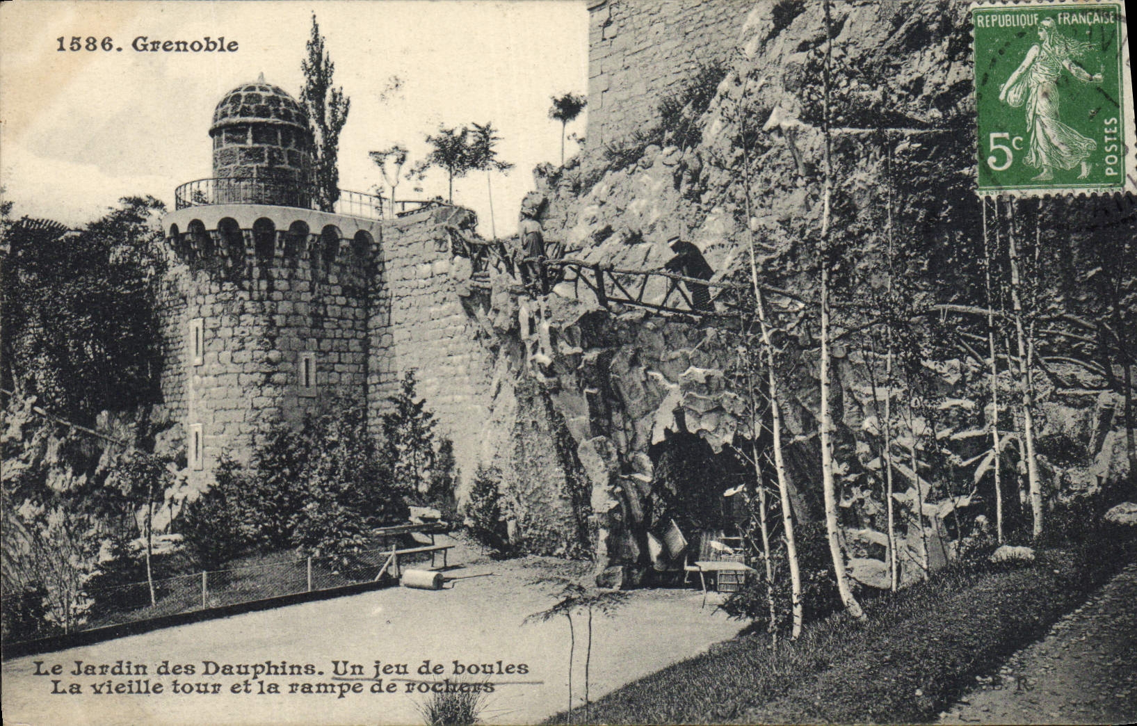 Vintage Postcard Grenoble Game of bowls the garden of the Dolphins a set of balls the old woman tower and the slope of rocks