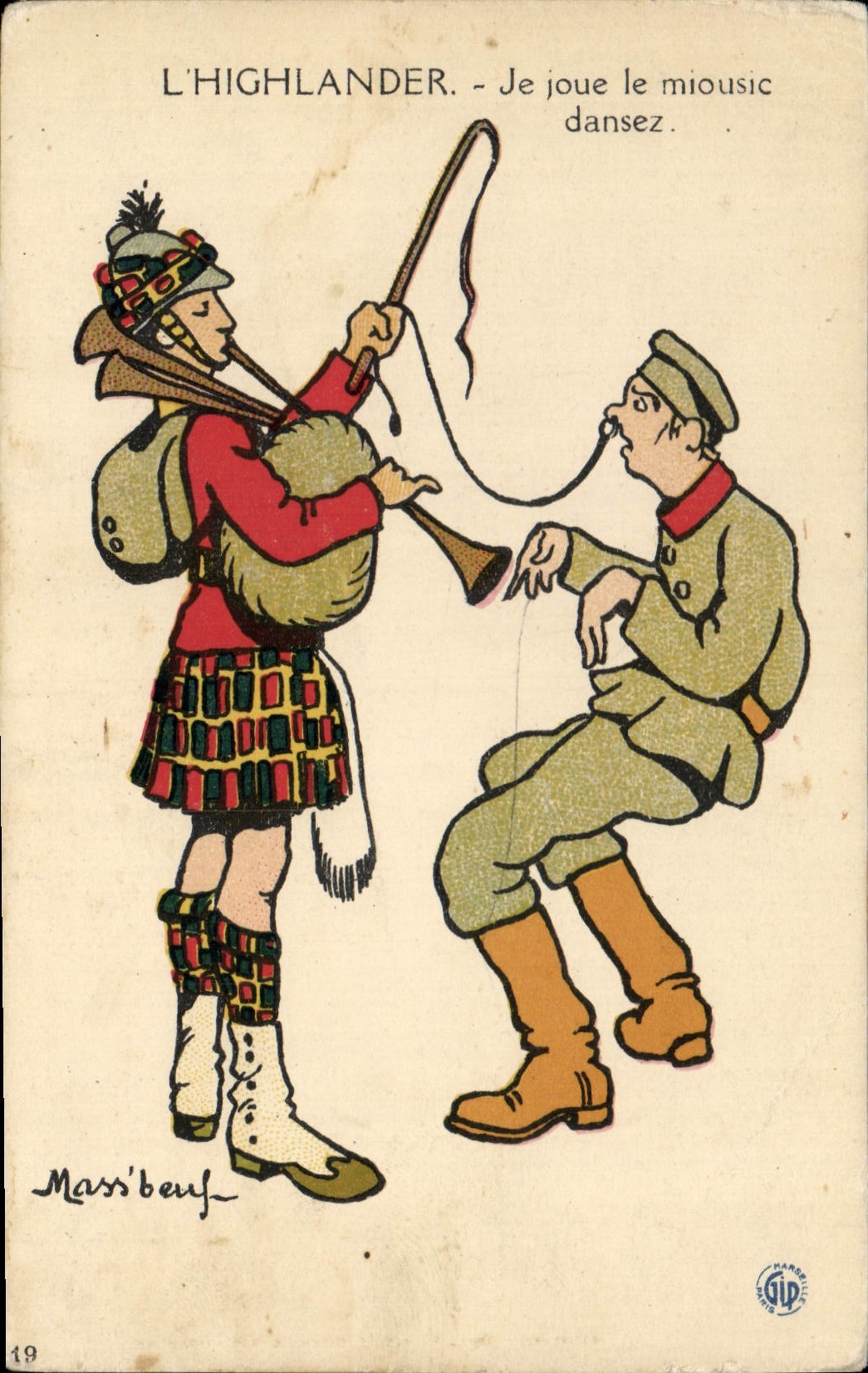 Vintage Postcard Fantaisie Illustrator Highlander I play the miousic dance