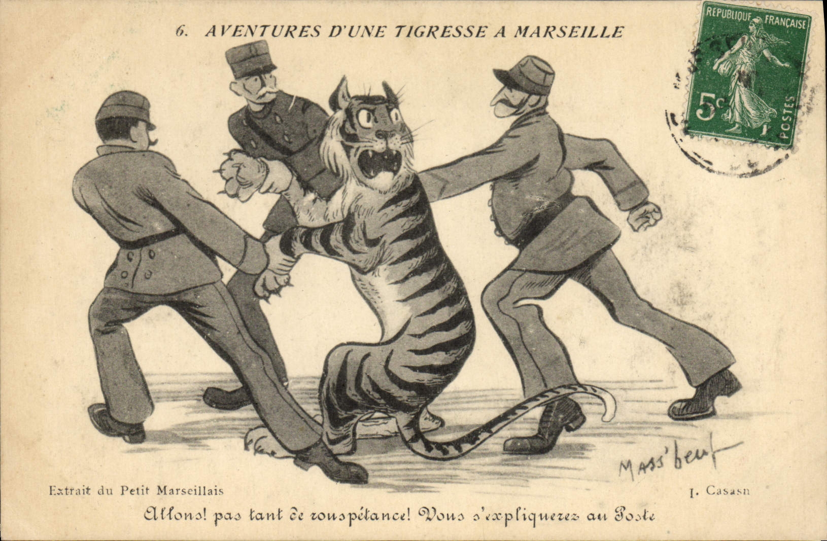 Vintage Postcard Fantaisie Illustrator Adventures of a tiger-cat has Marseilles Tigre