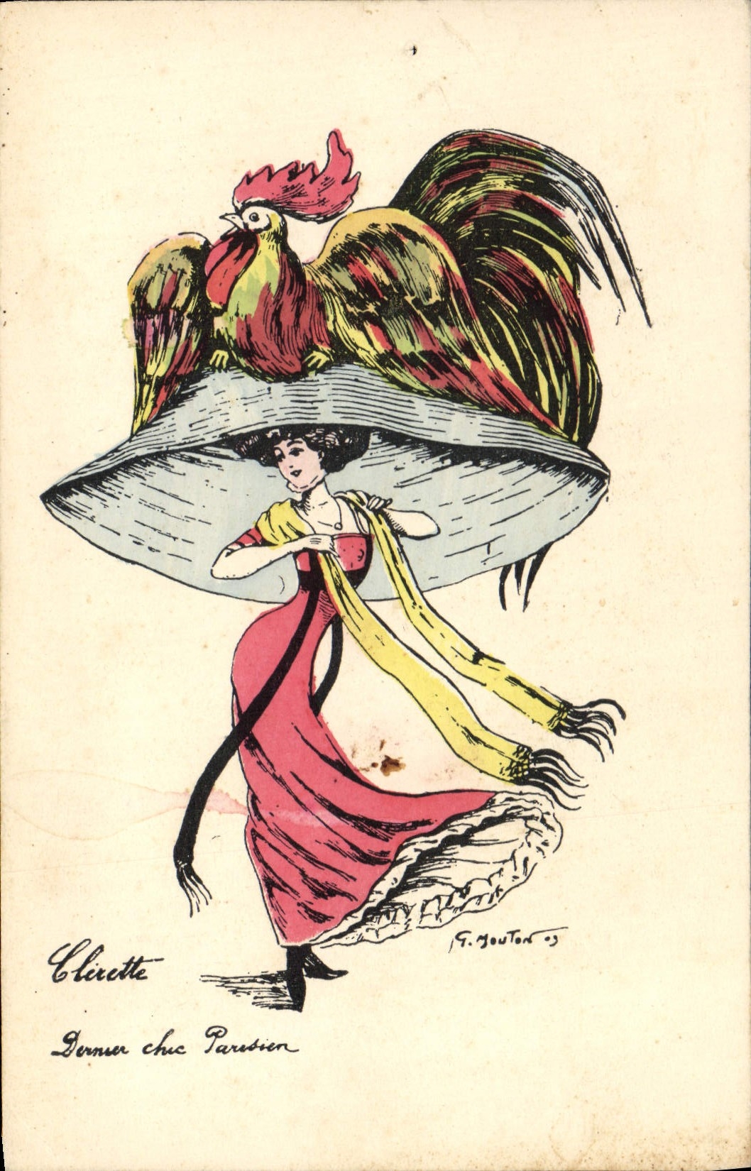 Vintage Postcard Fantasy Illustrator Sheep Clerette Cock Hat