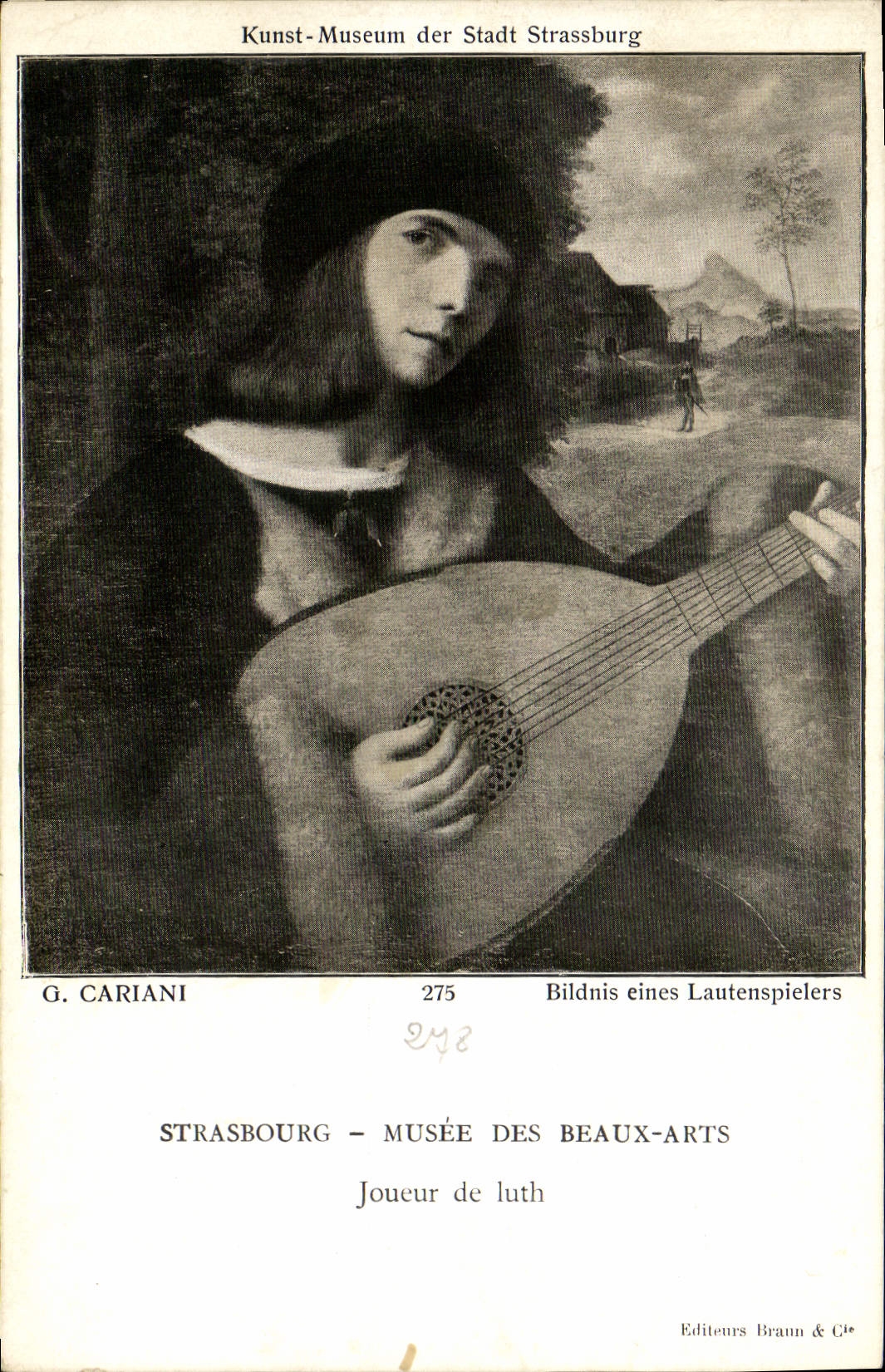 Postal Estrasburgo Vagada de las Bellas Artes Jugador de Laúd