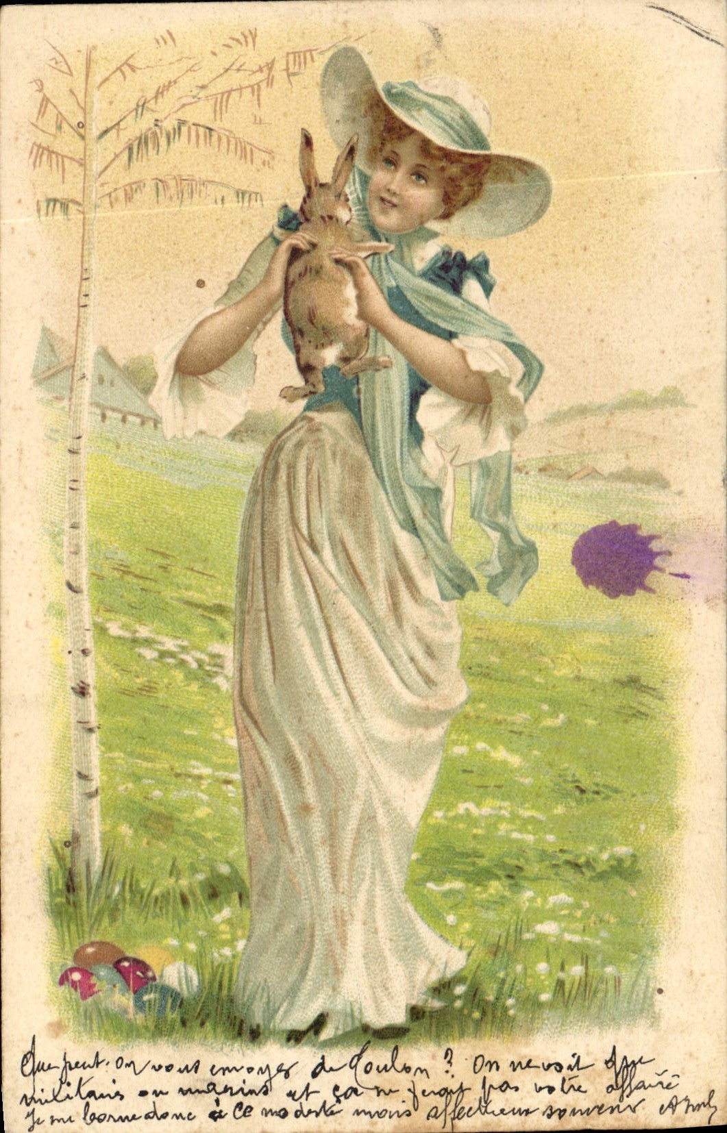 Vintage Postcard Rabbit Rabbits Woman