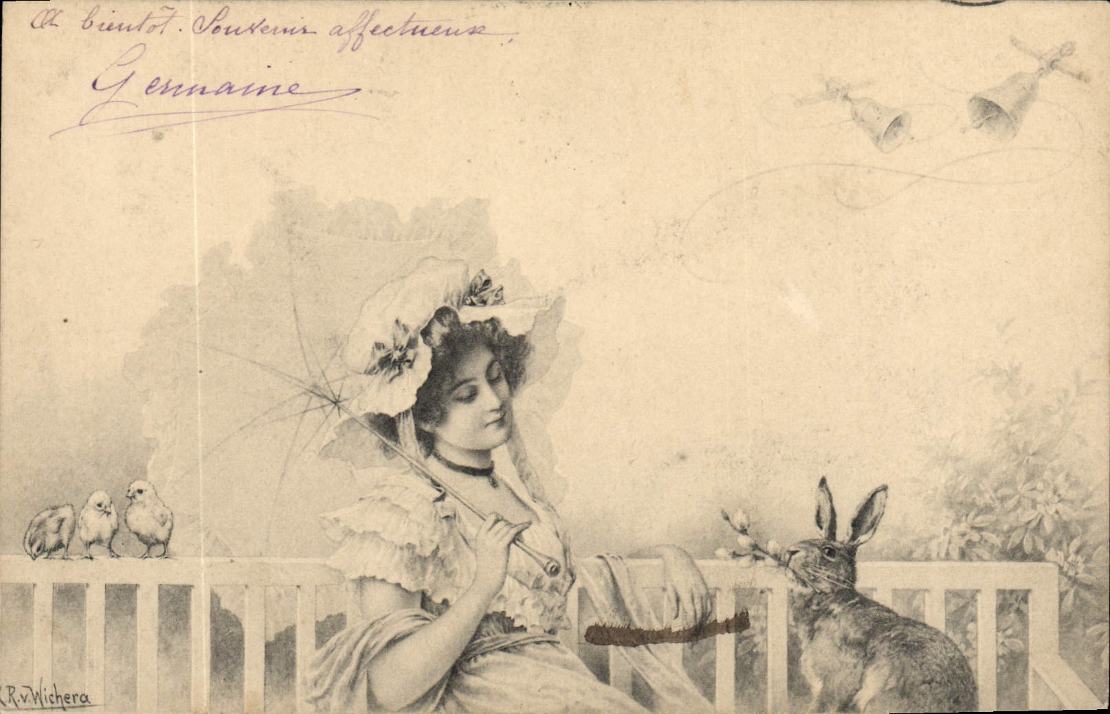 Vintage Postcard Rabbit Rabbits Woman Chicks