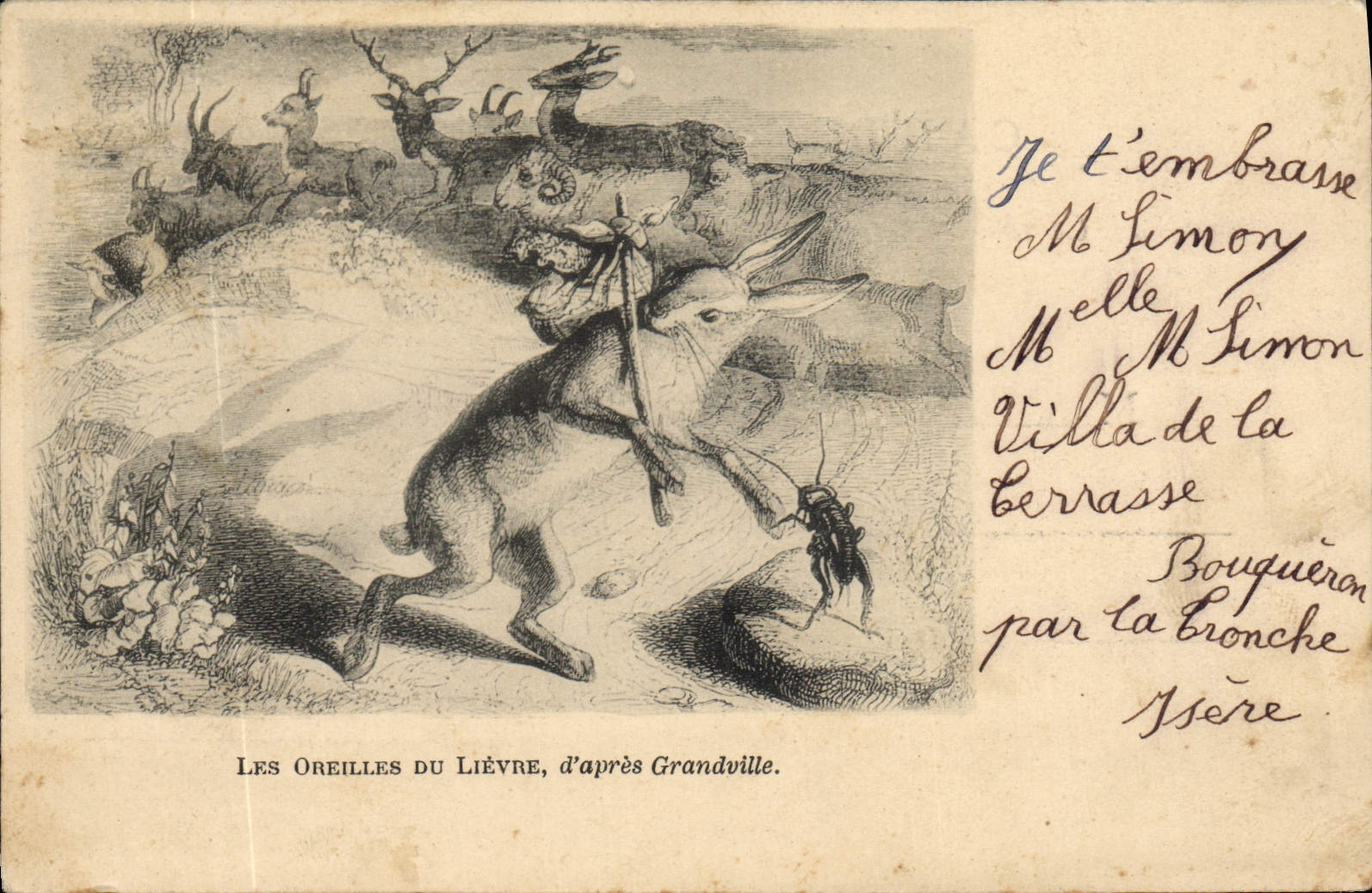 Postal Conejo Conejos las orejas de la liebre según Grandville