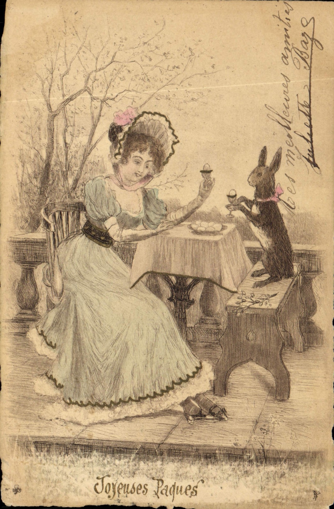 CPA Lapin Lapins Femme Paques 