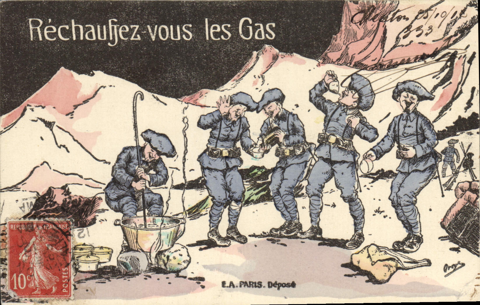 CPA Militaria Chasseurs Alpins Rechauffez vous les Gas 