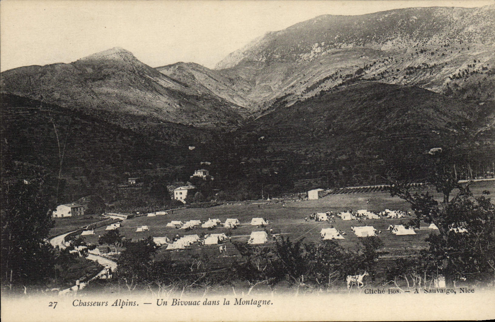 Vintage Postcard Militaria Alpine hunters a bivouac in the mountain