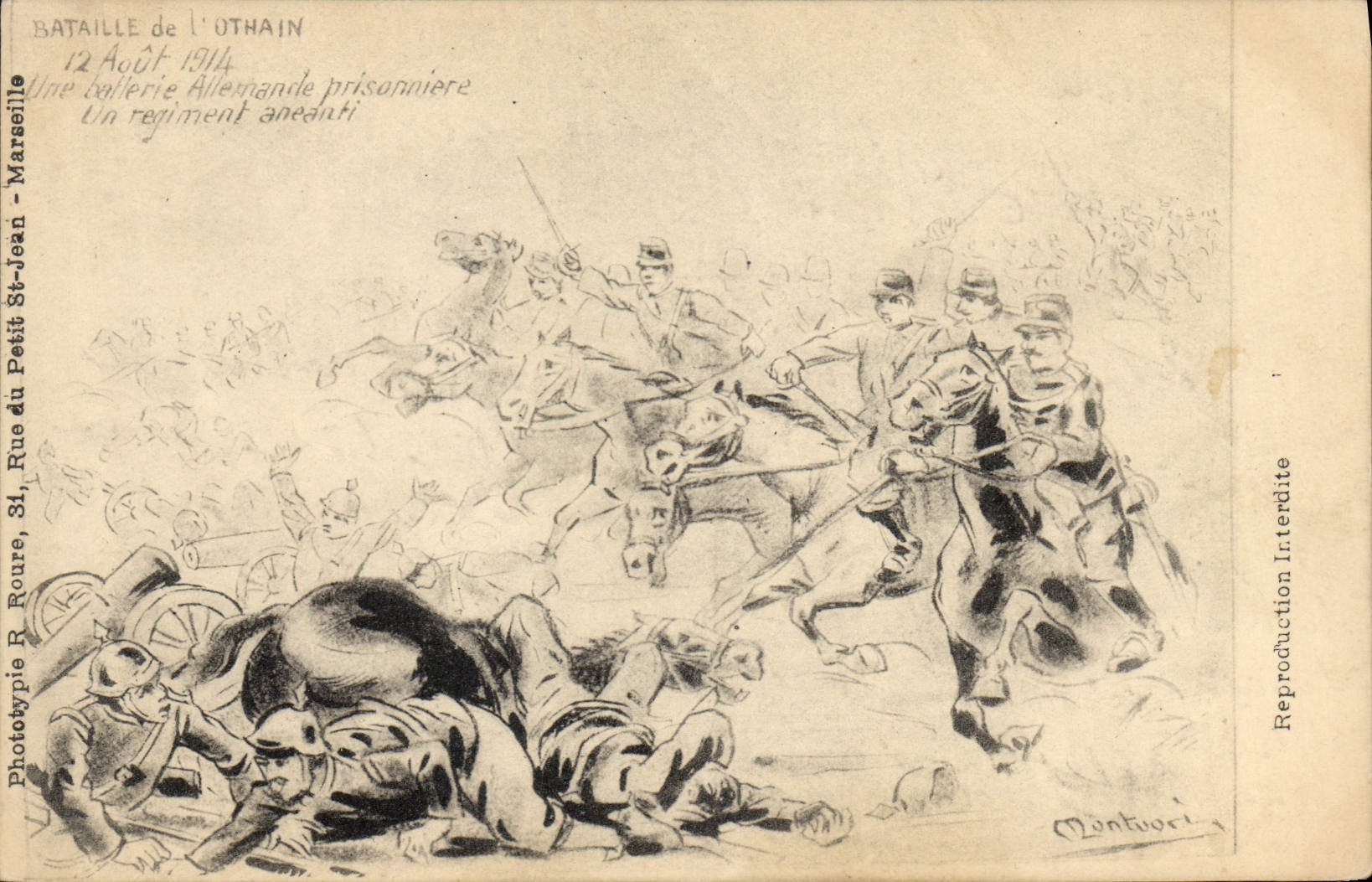 Vintage Postcard Militaria Battles of Othain August 12th, 1914 a German battery prisonniere a destroyed regiment