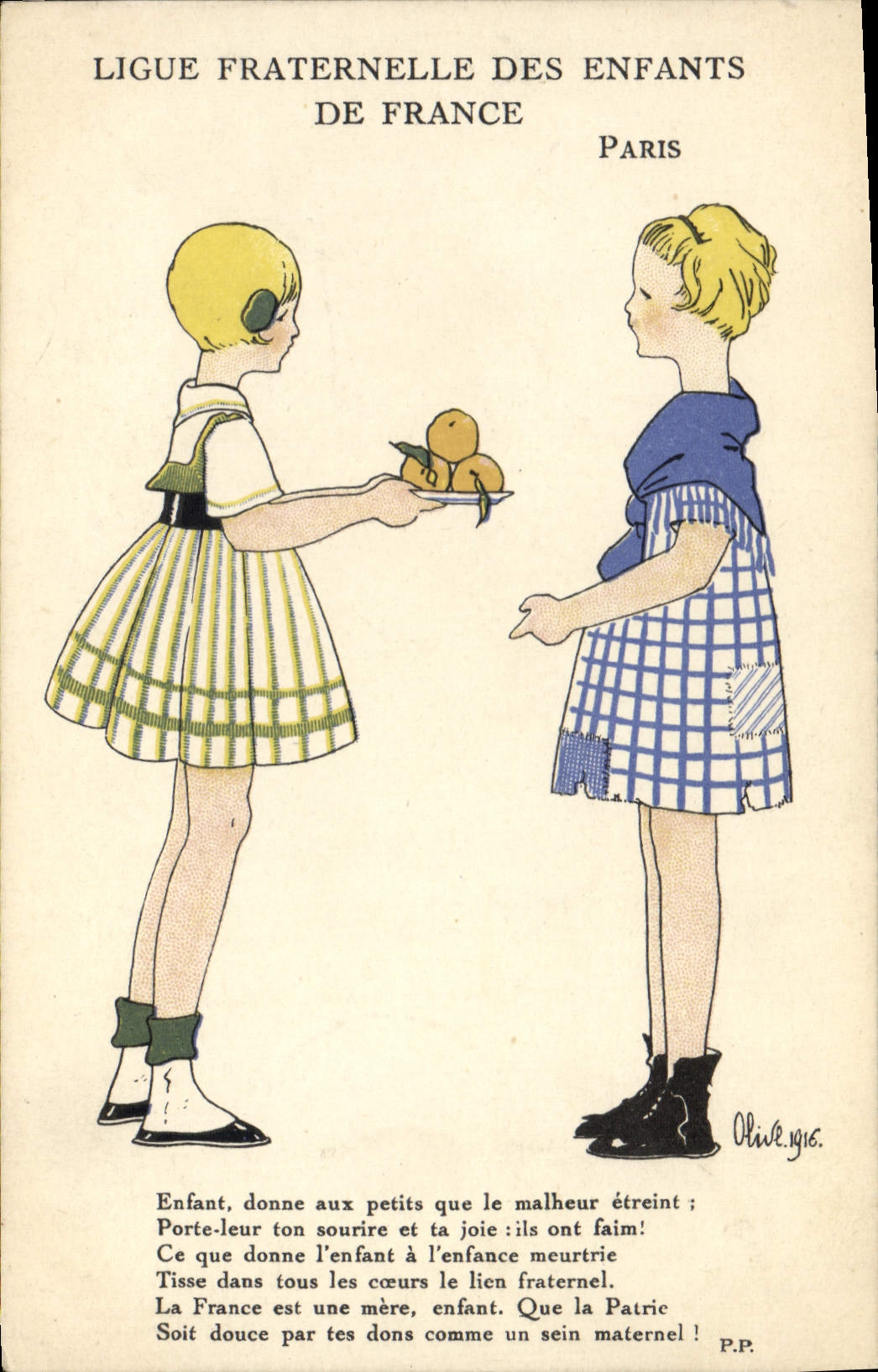 Vintage Postcard Militaria Leagues fraternal children of Paris France