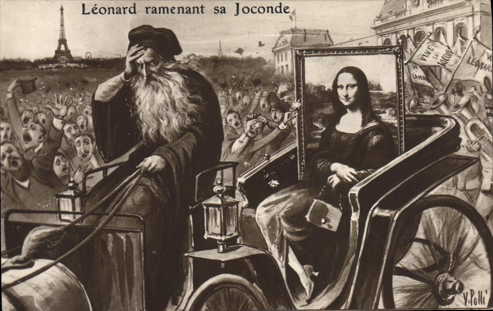 CPA Leonard ramenant sa Joconde Tour Eiffel Paris Leonard de Vinci 