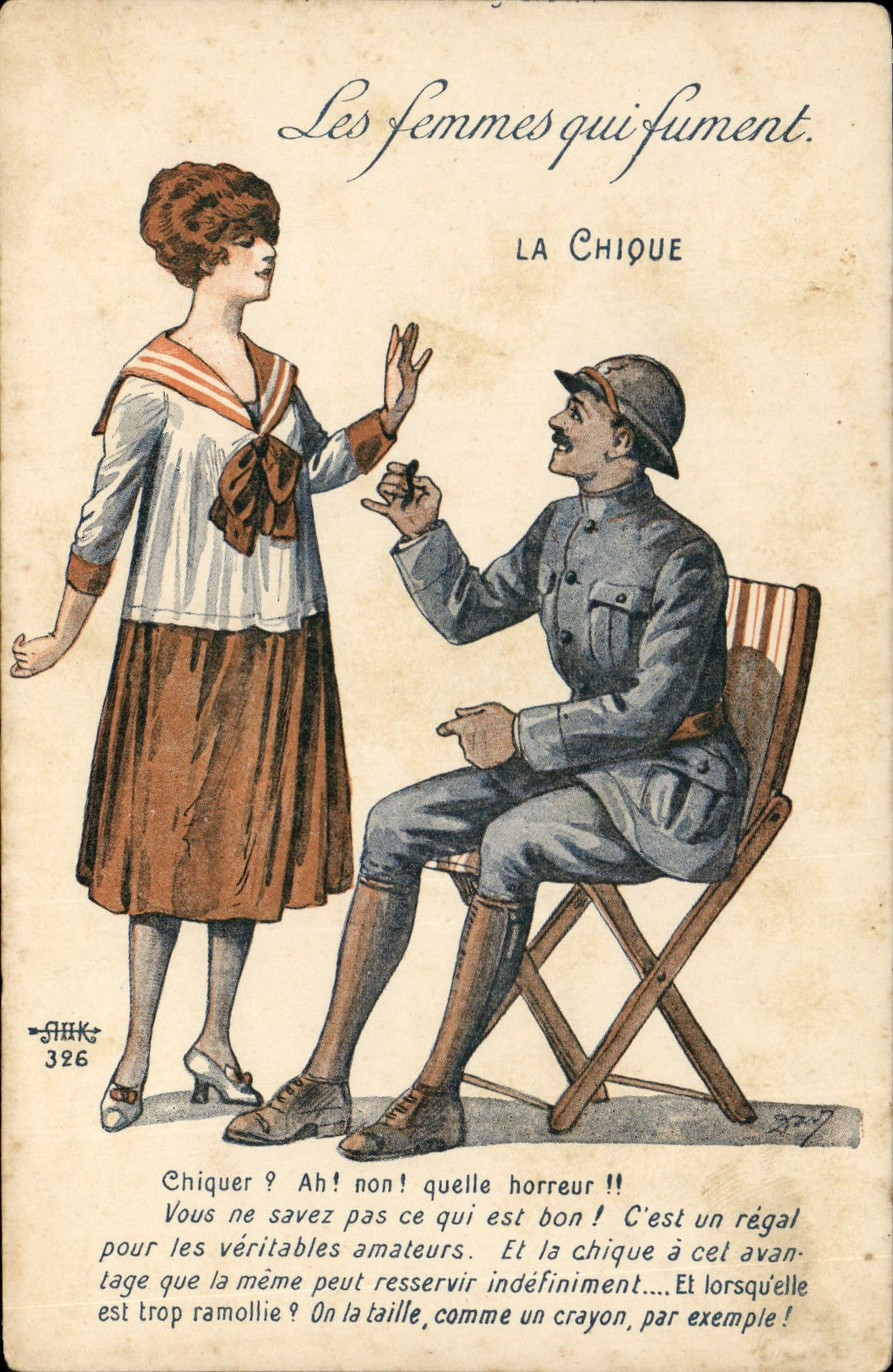 Vintage Postcard Fantaisie Illustrator the women who smoke chews it Militaria Tabac