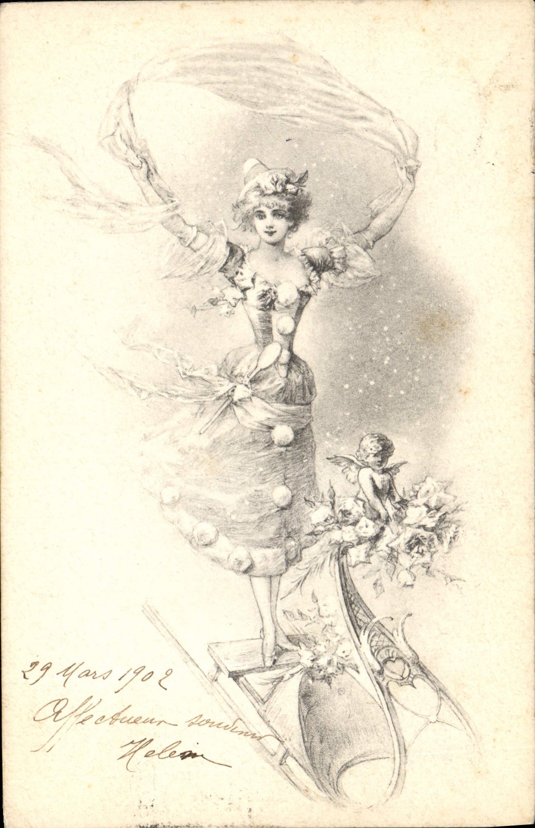 Vintage Postcard Fantasy Illustrator Woman Angel Sledge