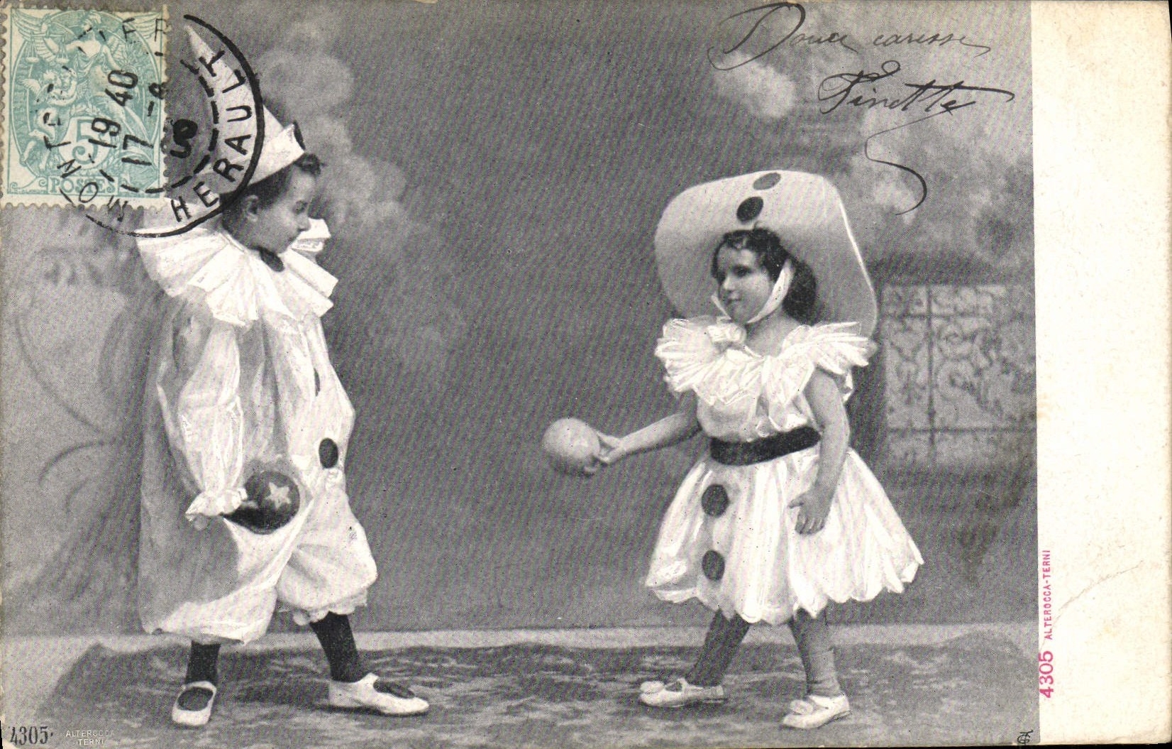 Vintage Postcard Twin wheel Children Pierrot