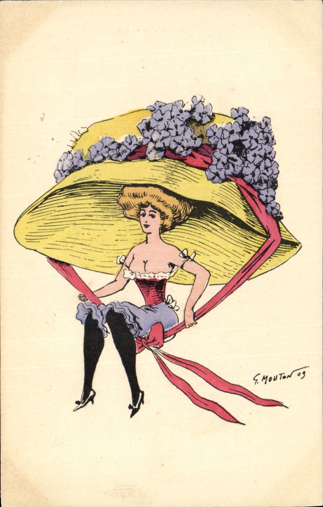 Vintage Postcard Fantasy Illustrator Sheep Hat Woman