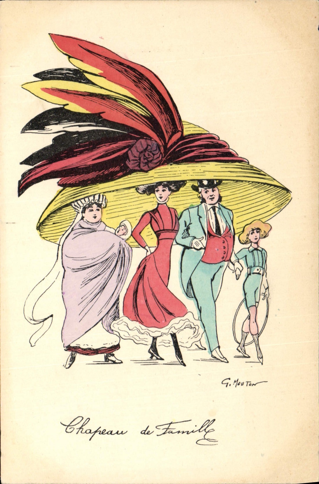 Vintage Postcard Fantasy Illustrator Sheep Woman Hat of family