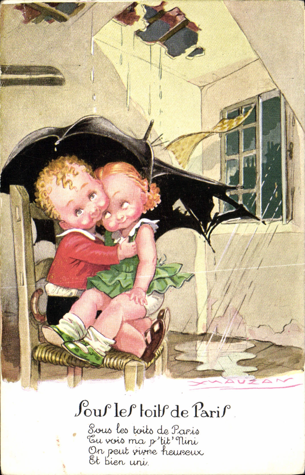 Vintage Postcard Fantasy Illustrator Mauzan Children Under the roofs of Paris