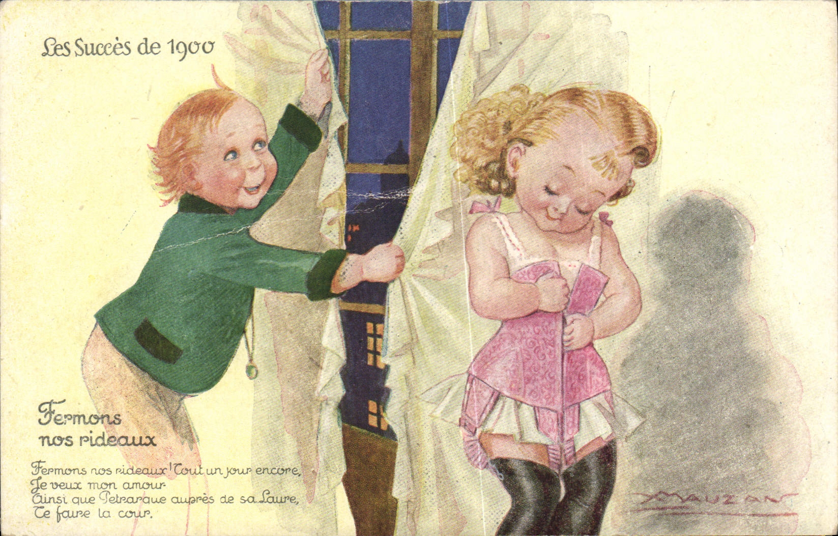 Vintage Postcard Fantaisie Illustrator Mauzan Enfants successes of 1900 Let us close the curtains