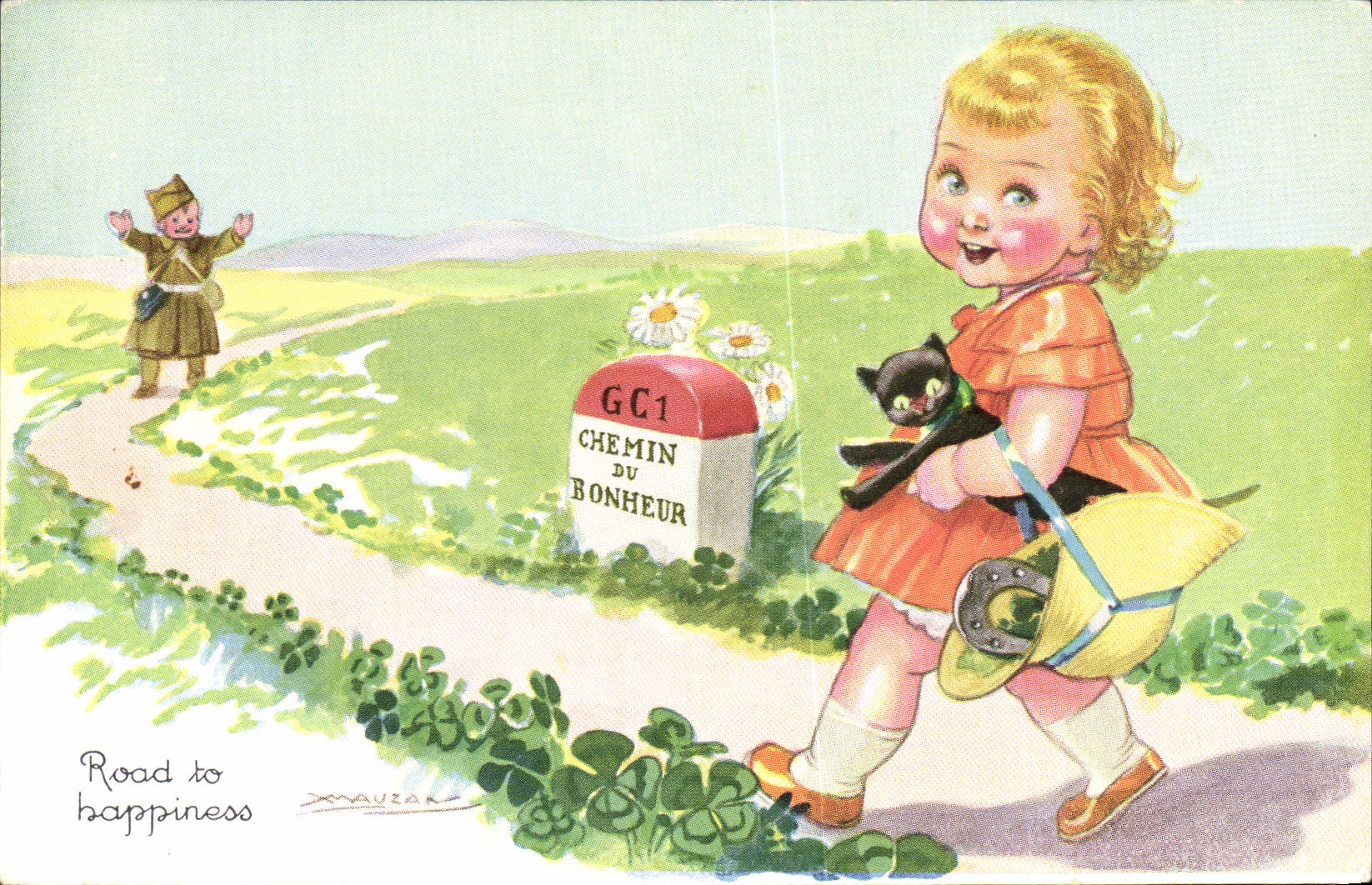 Vintage Postcard Fantasy Mauzan Illustrator the way of happiness Child