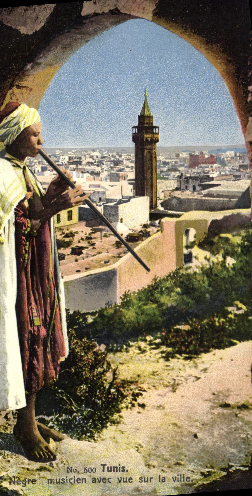 Vintage Postcard Negro Tunis Folklore musician with sight on the city