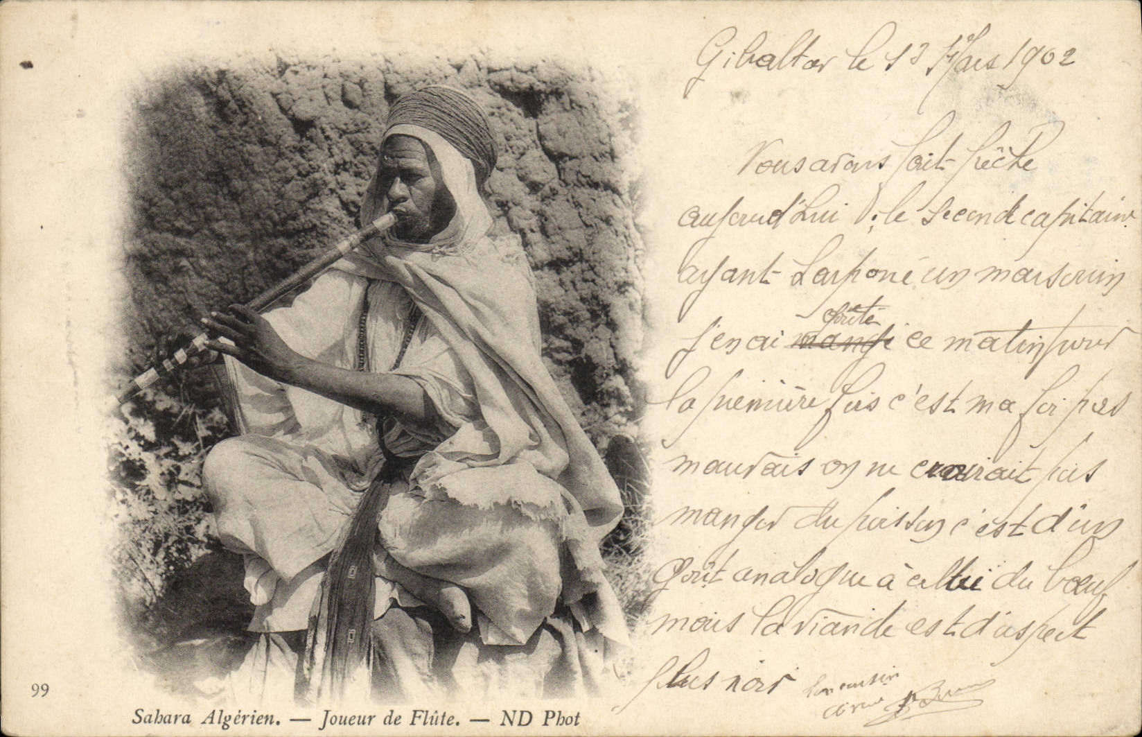 Vintage Postcard Algerian Sahara Folklore Player of flute