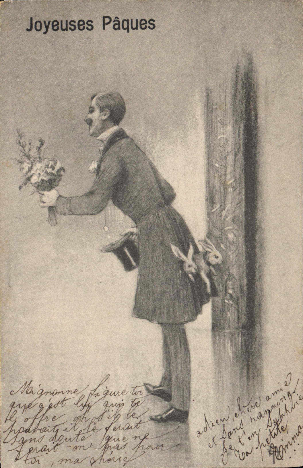 Vintage Postcard Rabbit Easter Man