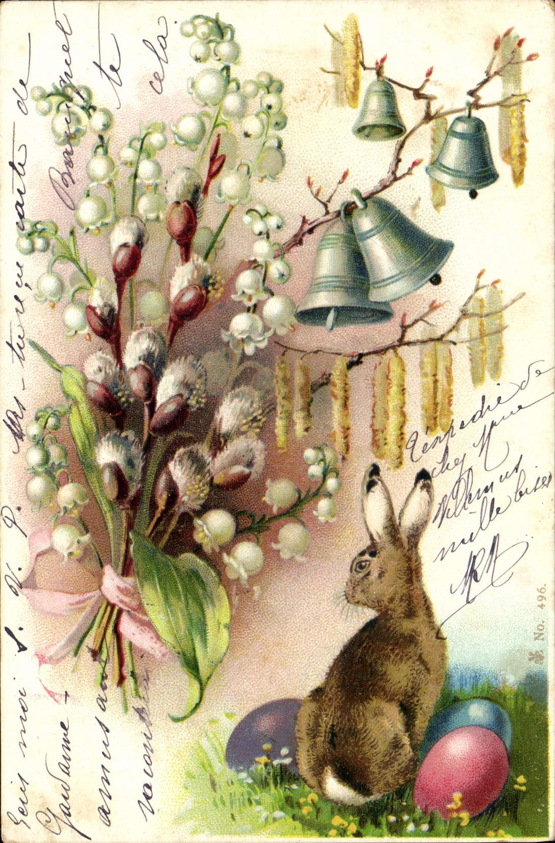 Vintage Postcard Rabbit Flowers Bells