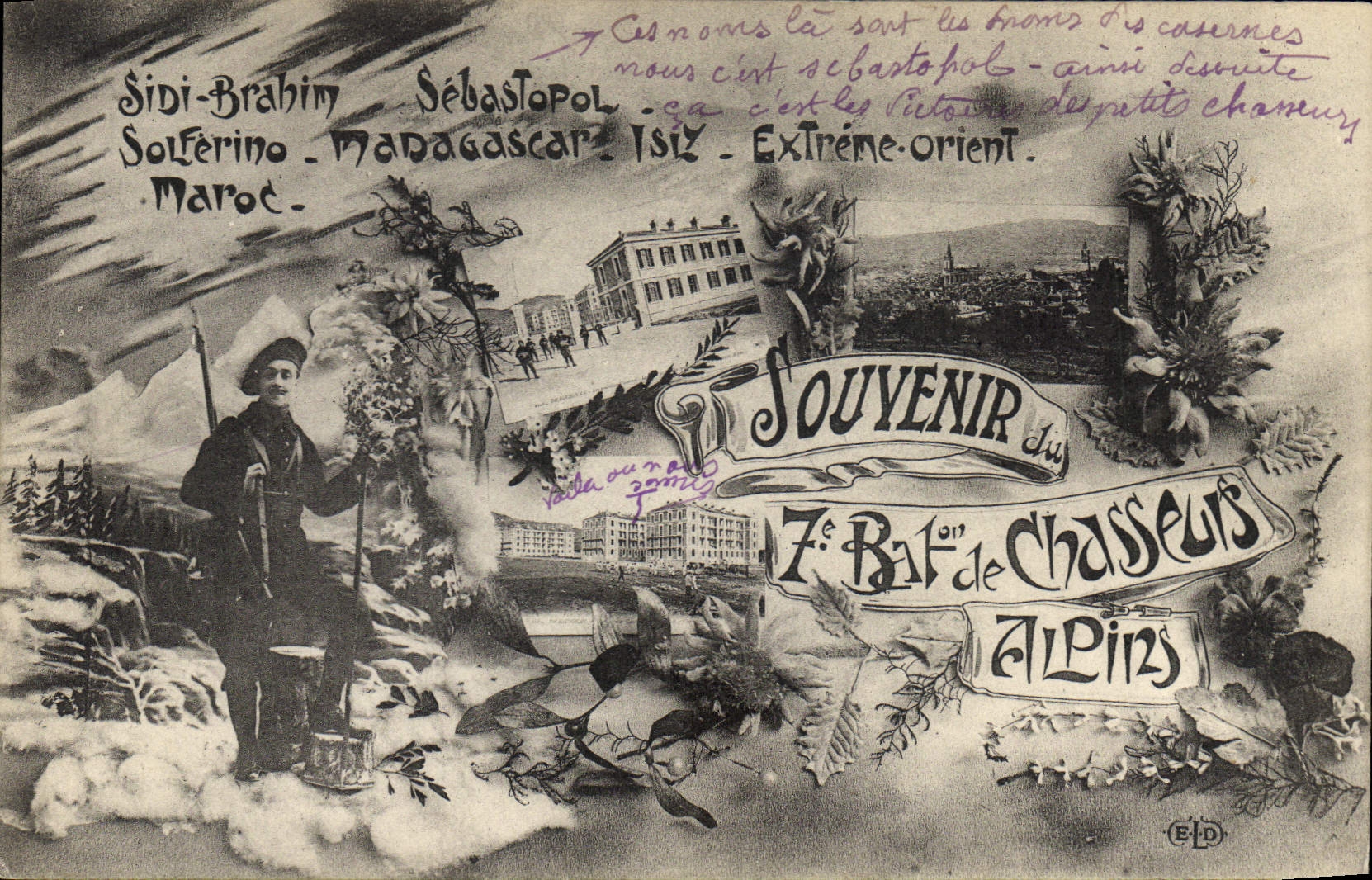 Vintage Postcard Militaria Alpine hunters 7th Battalion Sidi Brahim Sebastopol Solferino Madagascar Marcoc Far East