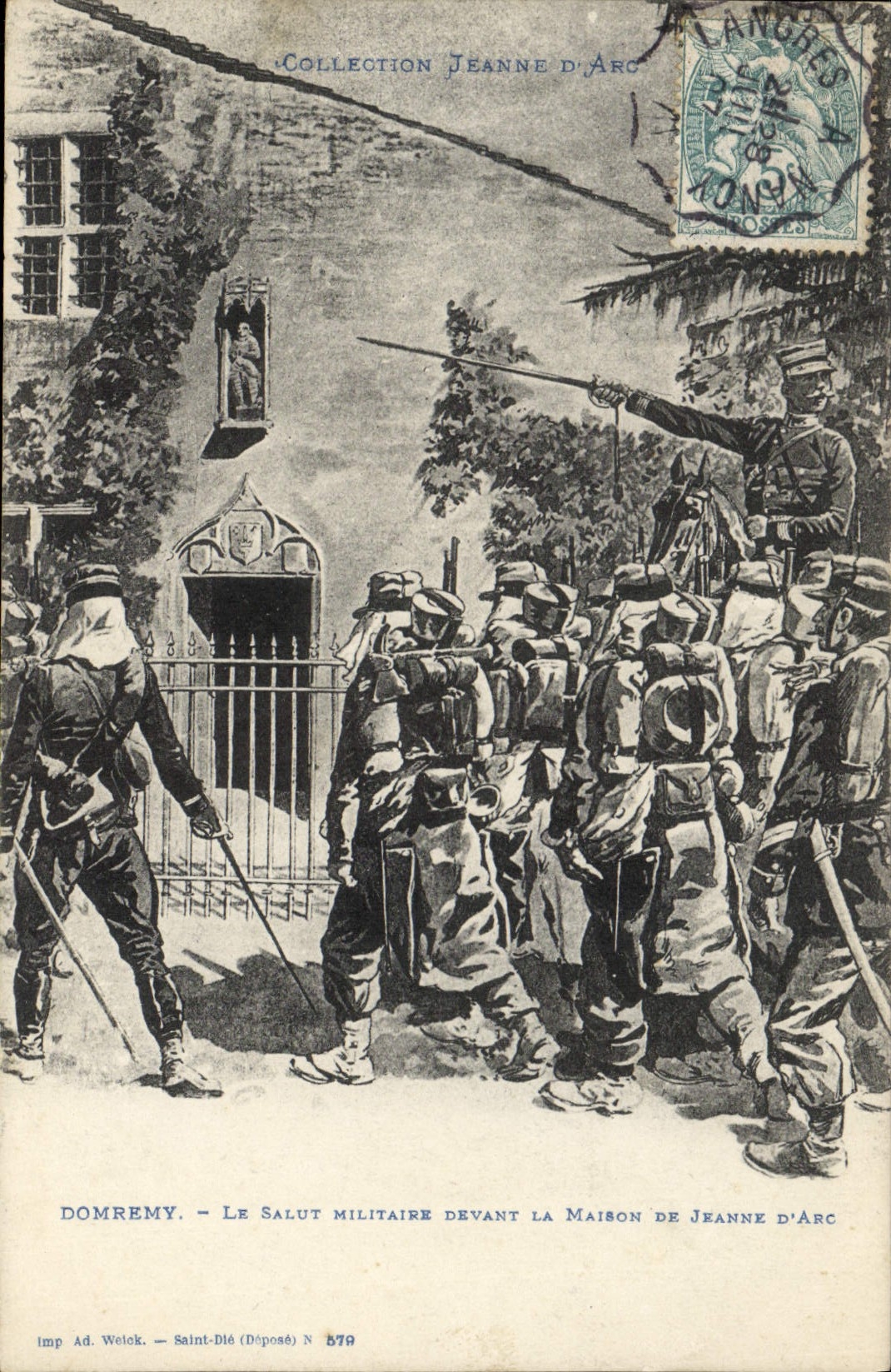 Vintage Postcard Militaria Domremy military salute in front of the house of Joan of Arc
