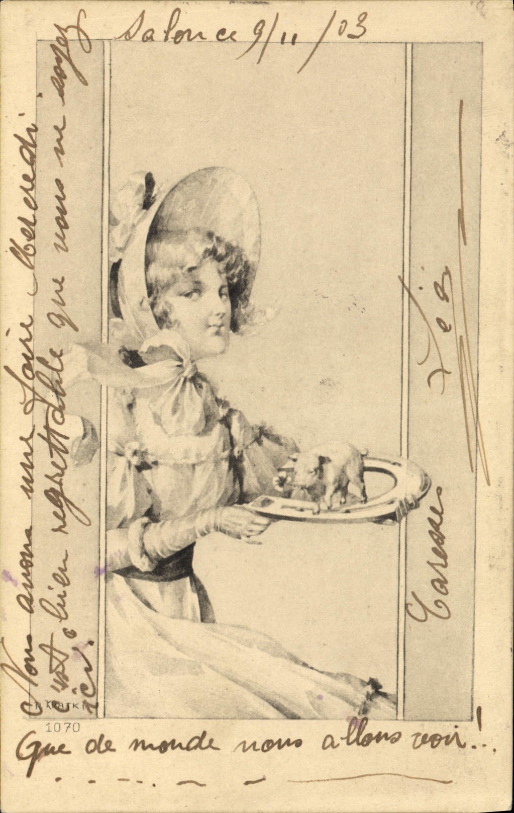 Vintage Postcard Fantaisie Woman Pig Pig Horseshoe